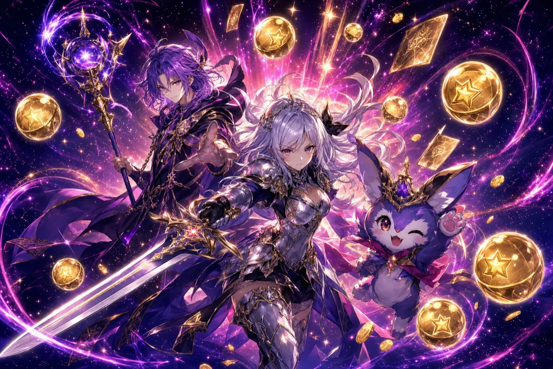 Anime-style gacha summon splash art with glowing SSR capsules and gift-card rewards